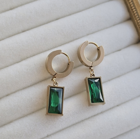 Emerald Green Drop Huggie Earrings | Gold Tone | Modern Vintage Luxe - Picture 2 of 4